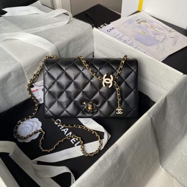 Chanel AS4967 Small Flap Bag Shiny Lambskin Enamel & Gold Metal Black